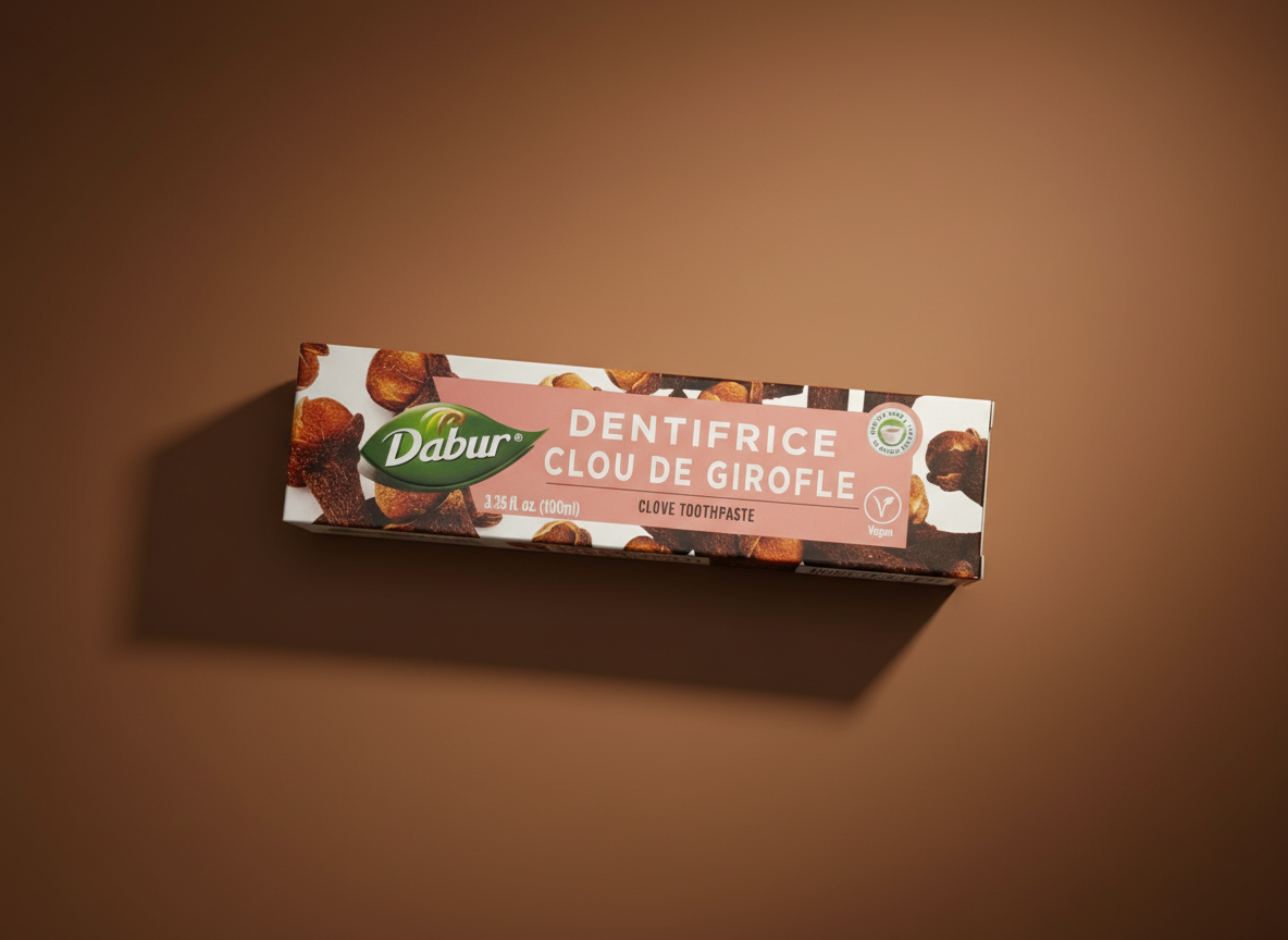Dabur toothpaste box with clove flavor on a brown background