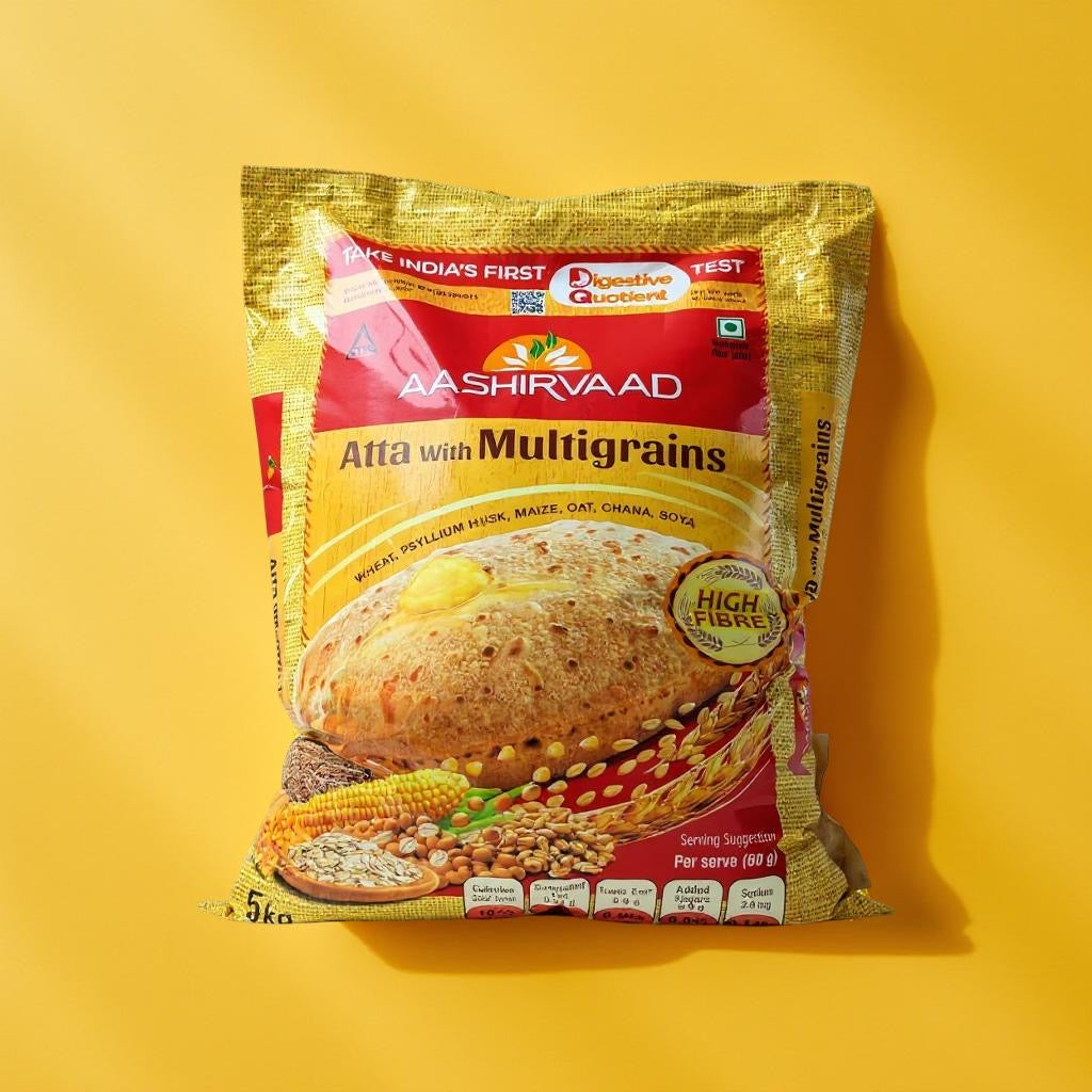Aashirvaad Atta with Multigrains packaging on a yellow background