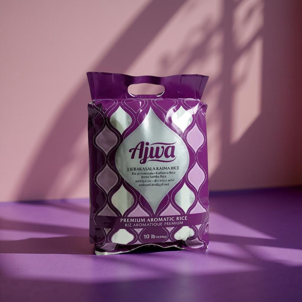 Purple package of Ajiva rice on a pink background