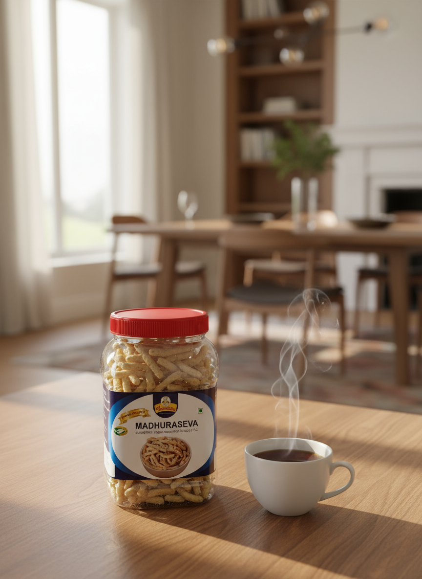 Jar of Madhuraseva vermicelli with a steaming cup of coffee on a wooden table in a bright room.