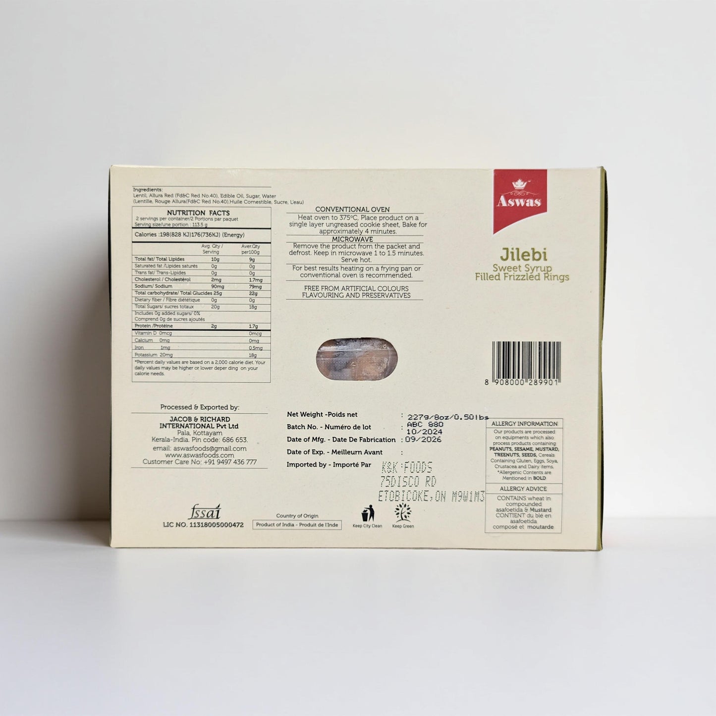 Back of a food packaging box with nutritional information and branding on a white background