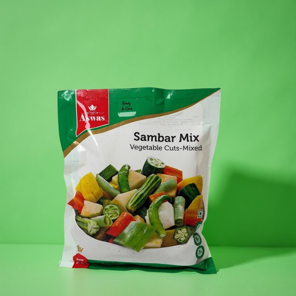 Package of Alwas Sambar Mix Vegetable Cuts on a green background