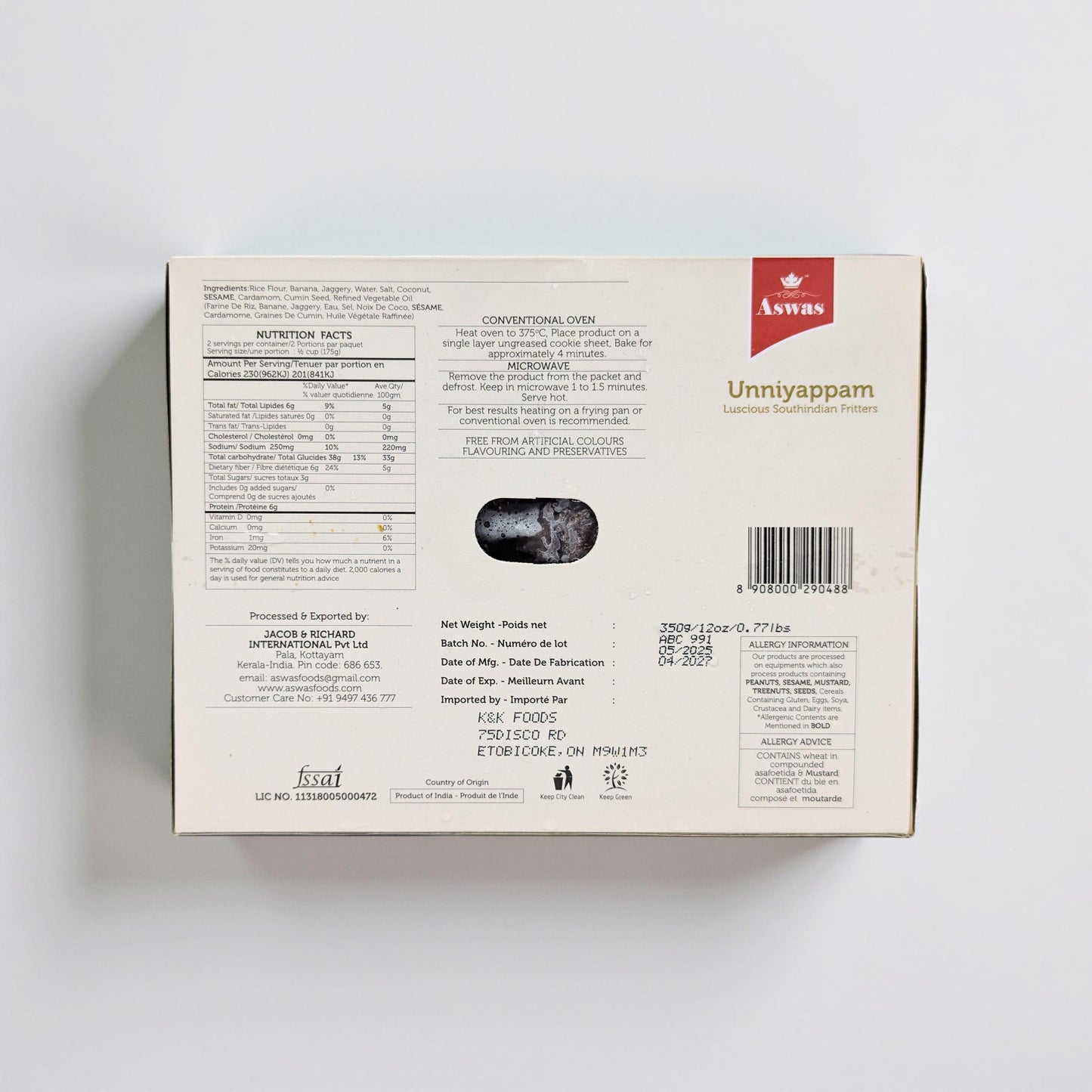 Back of a food packaging box with nutritional information and branding on a white background