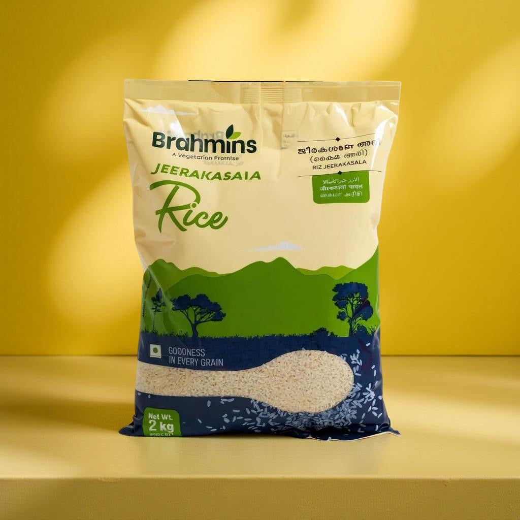 Bag of Brahmins Jeerakasaia Rice on a yellow background