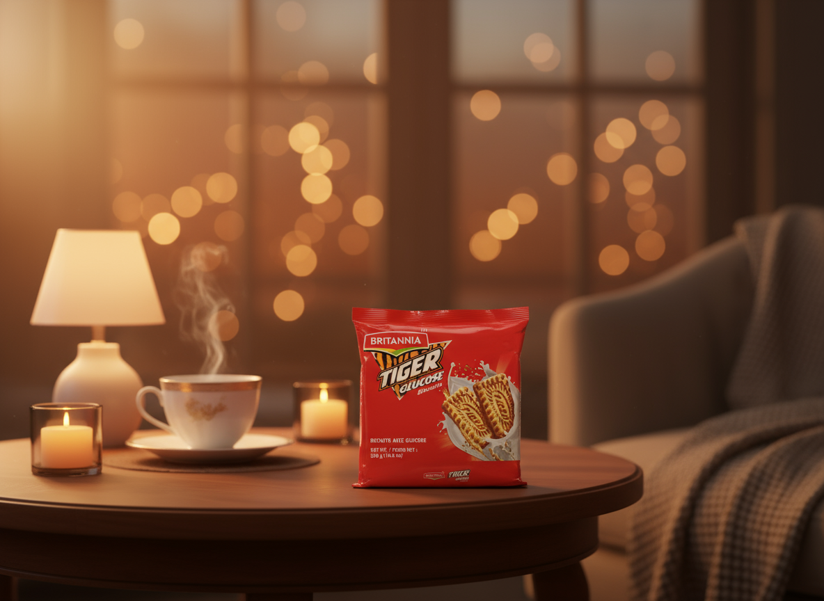 Britannia Little Tiger biscuit packet on a table with a cup of tea and candles in a cozy room.