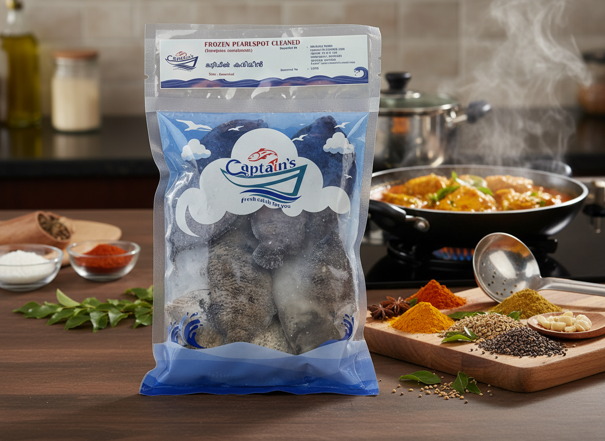 Packaged frozen pearlspot with 'Captain's' branding on a kitchen counter with cooking ingredients.