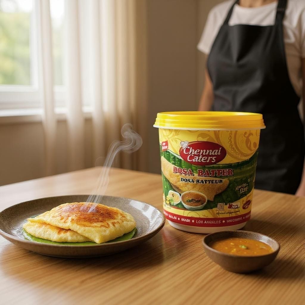 Chennai Caters dosa batter container with a plate of dosa and a bowl of dosa on a wooden table.