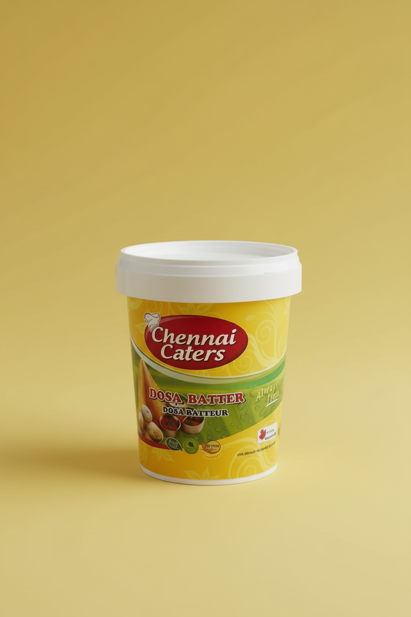 Container of Chennai Caters dosa batter on a kitchen counter