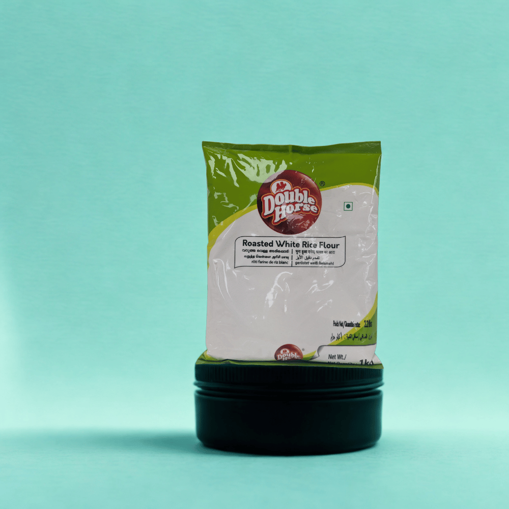 Bag of Double Horse Roasted White Rice Flour on a teal background