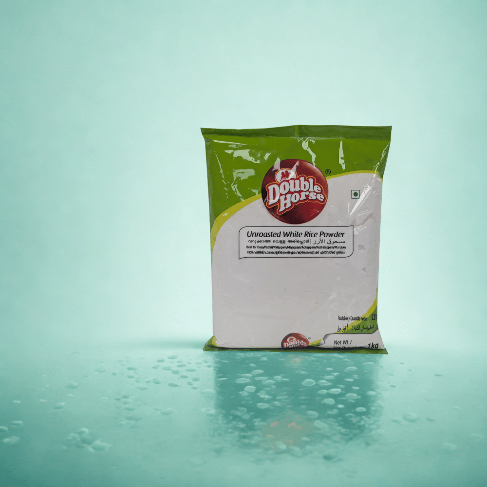 Double Horse Unroasted White Rice Powder packaging on a light green background