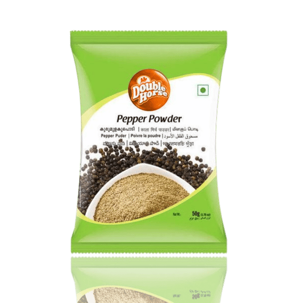 Green package of Double Horse Pepper Powder with black pepper and ground pepper on a white background