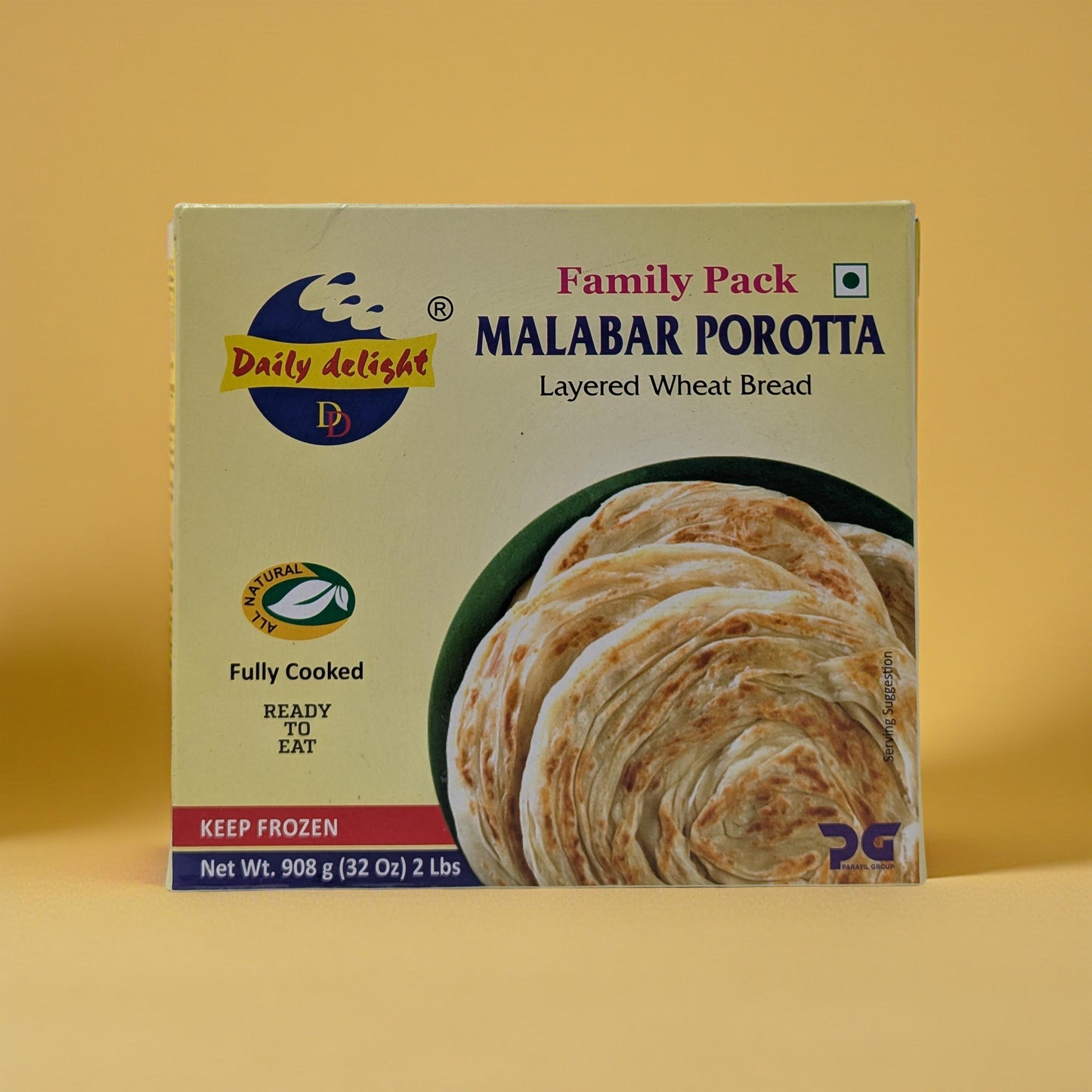 Box of Daily Delight Malabar Porotta layered wheat bread on a yellow background