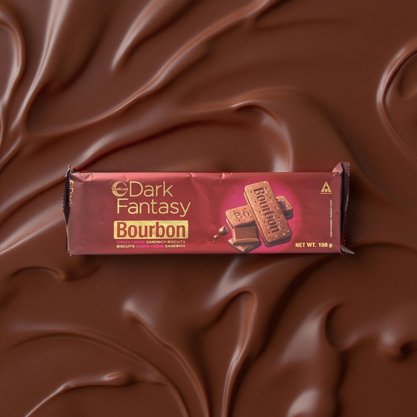 Dark Fantasy Bourbon chocolate bar on a chocolate background