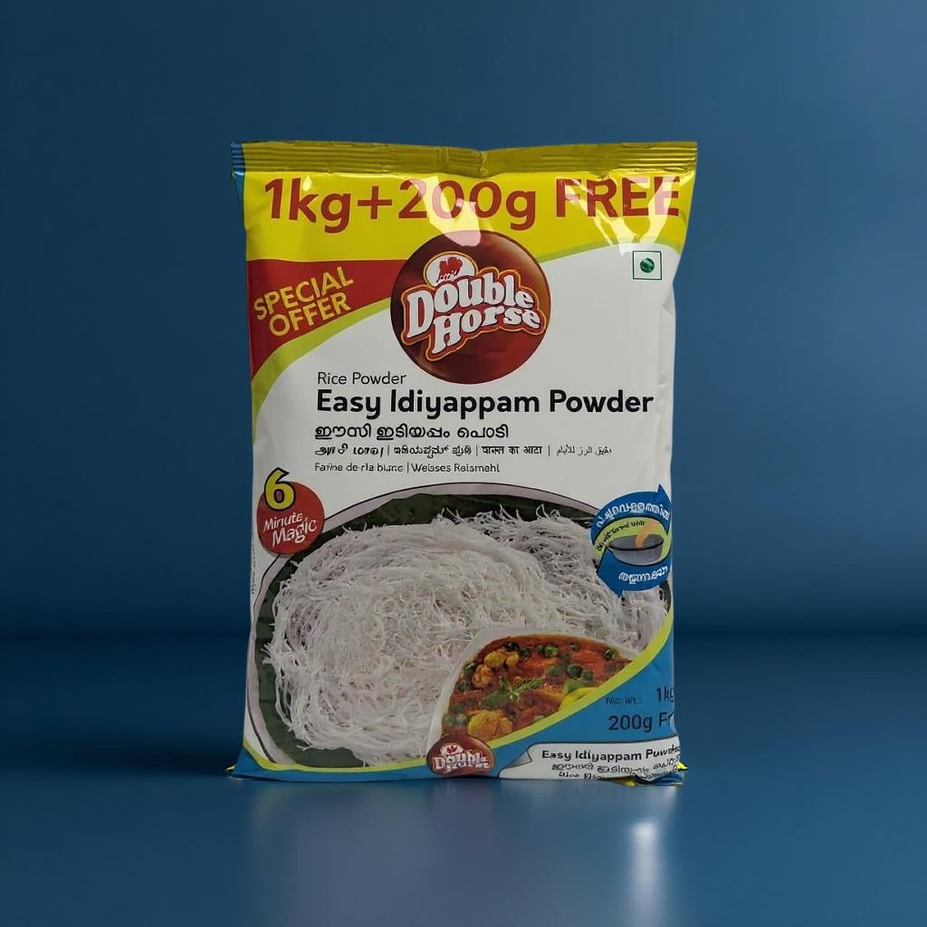 Double Horse Easy Idiyappam Powder package on a blue background
