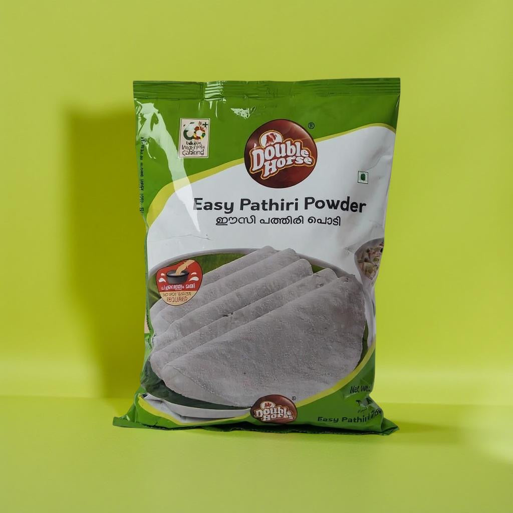 Packaging of Double Horse Easy Pathiri Powder on a green background