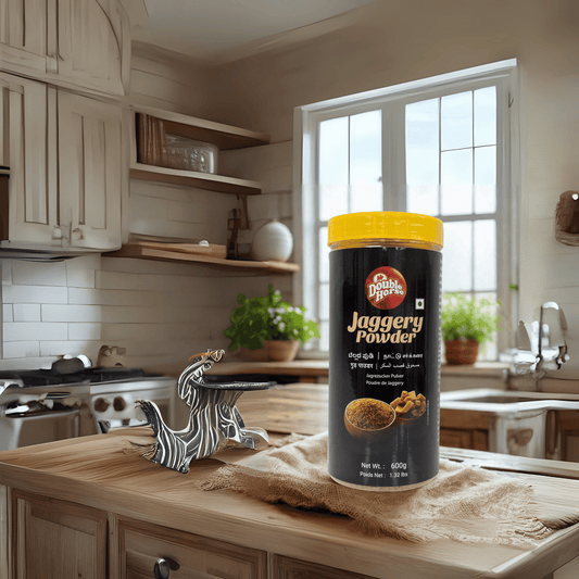 Container of Double Horse Jaggery Powder on a kitchen counter with a window in the background