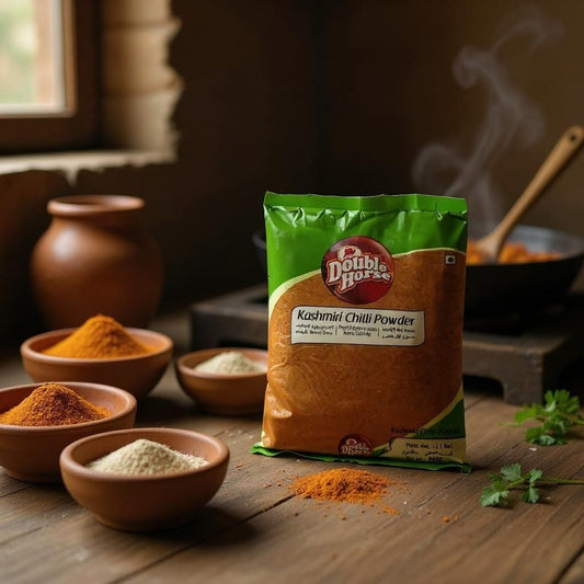 Bag of Double Horse Kashmir Chilli Powder on a wooden table with spices in bowls.