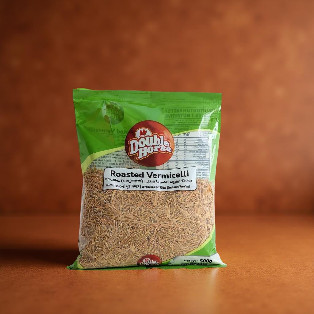 Packaged roasted vermicelli with Double Horse branding on a brown background