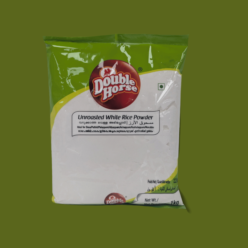 Bag of Double Horse Unroasted White Rice Powder on a green background
