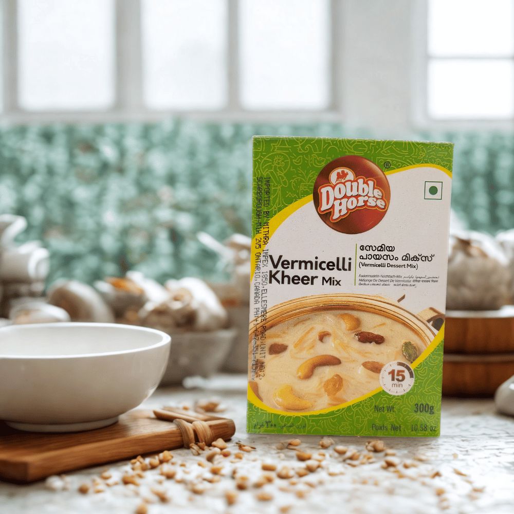 Double Horse Vermicelli Kheer Mix packaging on a table with ingredients in the background
