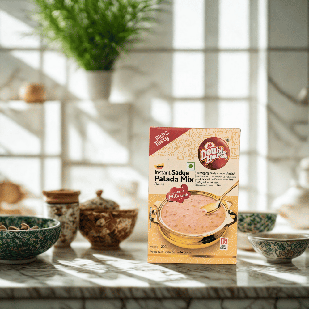 Box of Double Horse Instant Sago Palada Mix on a kitchen counter with a blurred background