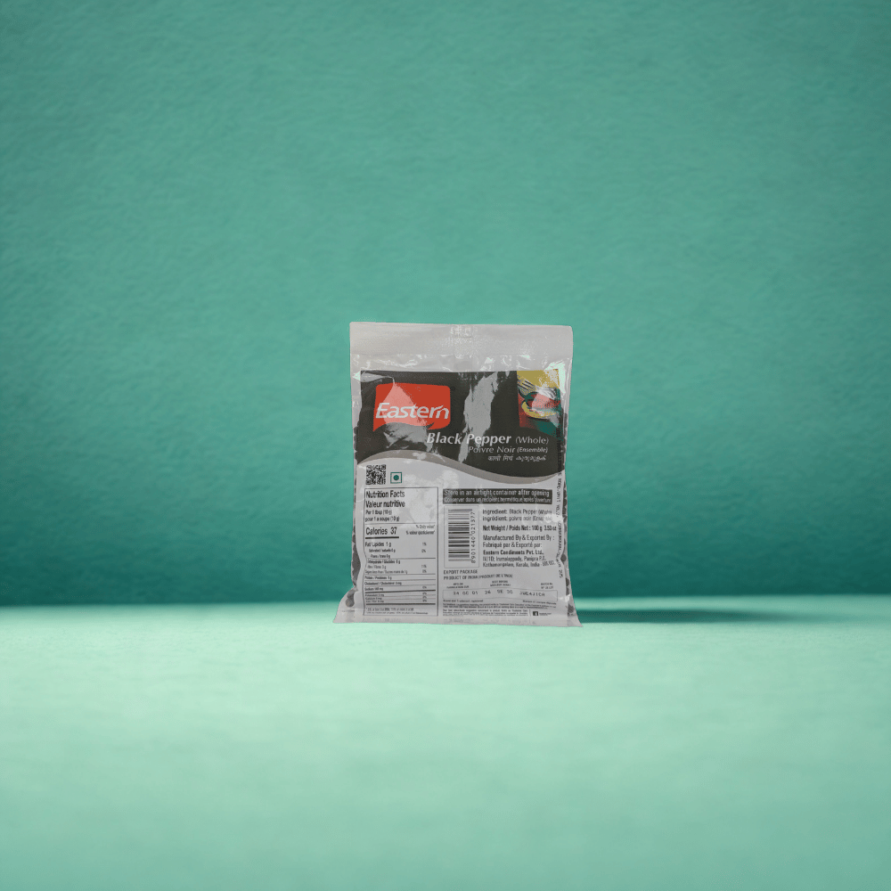 Package of Eastern Black Pepper on a teal background