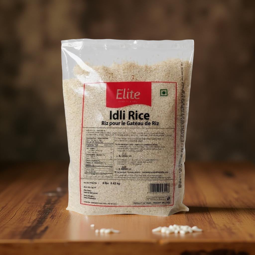 Package of Elite Idli Rice on a wooden surface with a blurred background