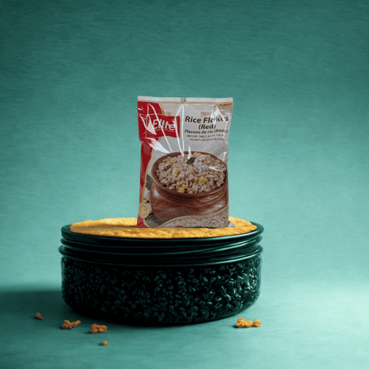 Packaged rice flour on a green background