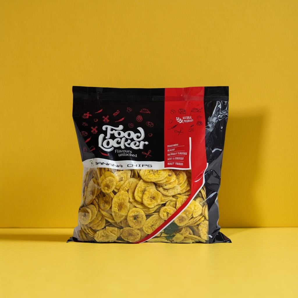 Bag of banana chips with 'Food Locker' branding on a yellow background