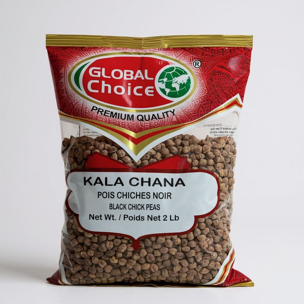 Bag of Global Choice Kala Chana black chick peas on a white background