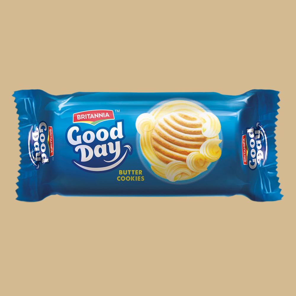 Britannia Good Day Butter Cookies packaging on a beige background
