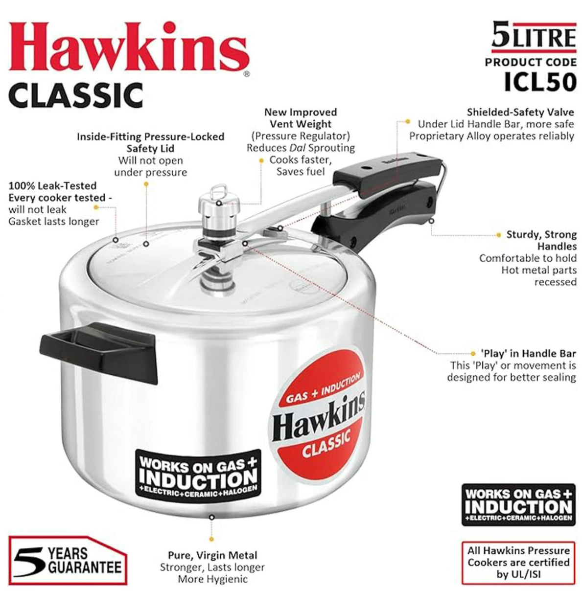 Hawkins Classic pressure cooker with features highlighted on a white background