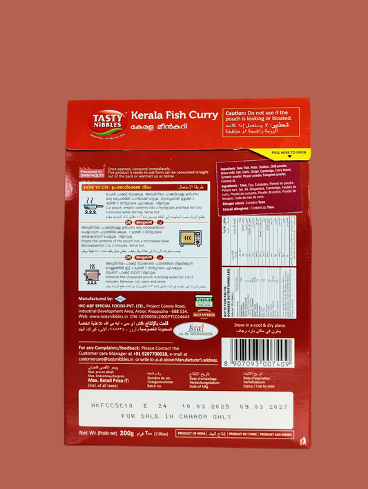 Tasty Nibbles Kerala Fish Curry package with red label on a brown background