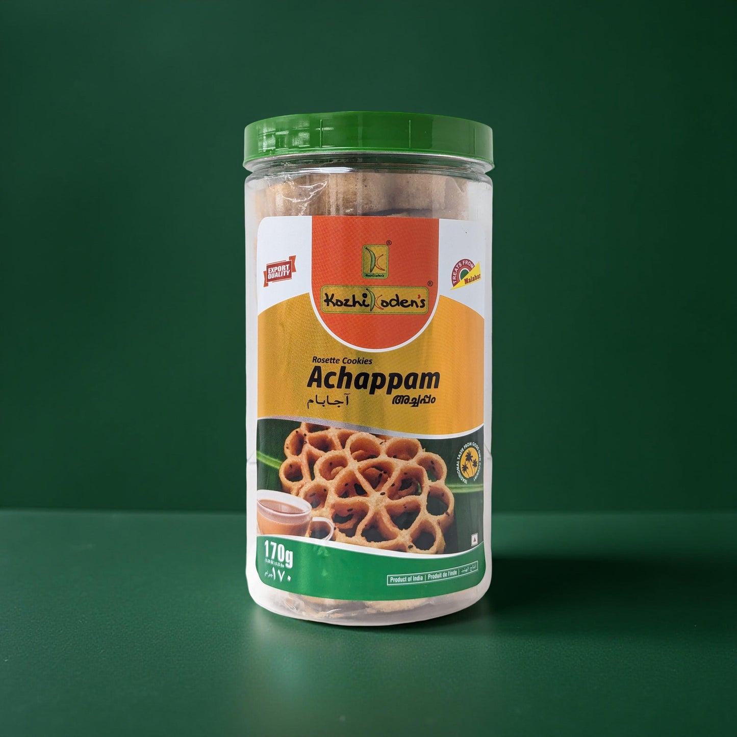 Jar of Achappam cookies with a green background