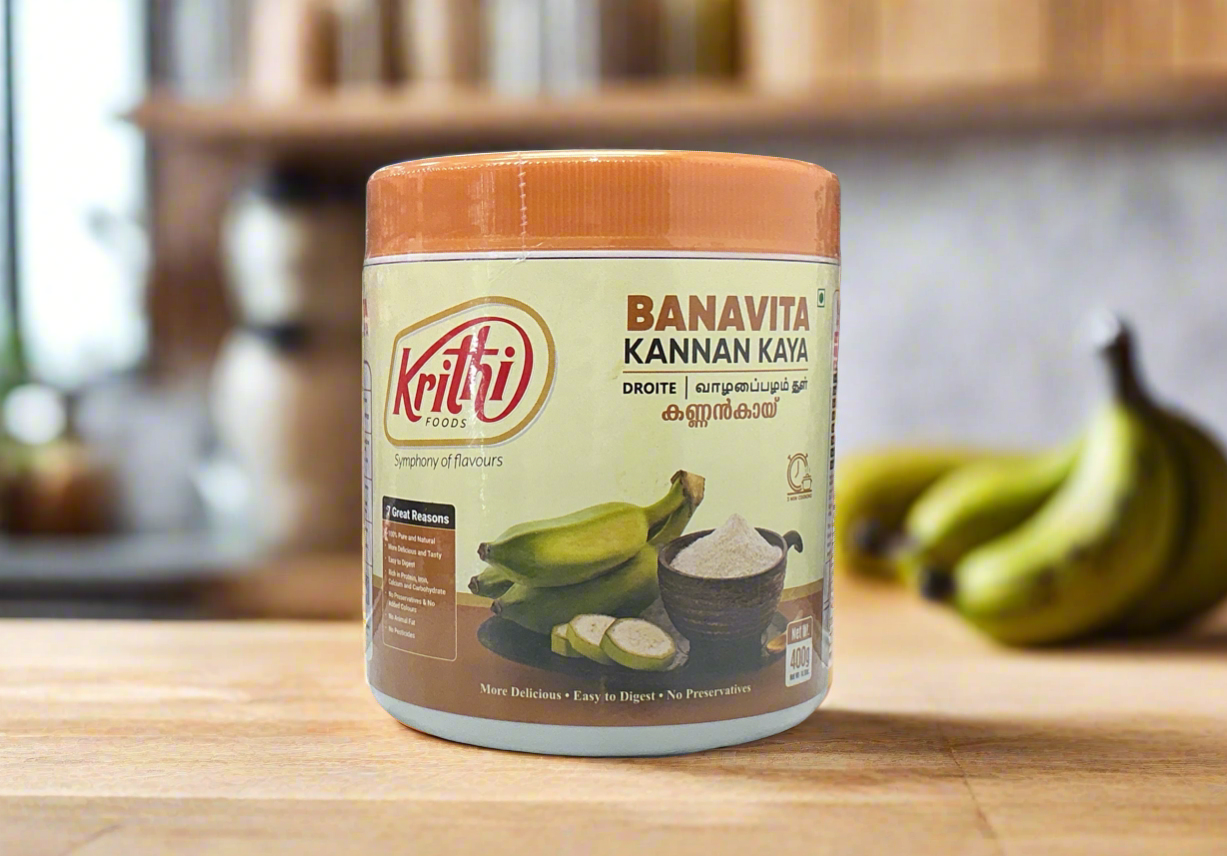 Kriti Kanna Kaya product container with bananas on a wooden surface