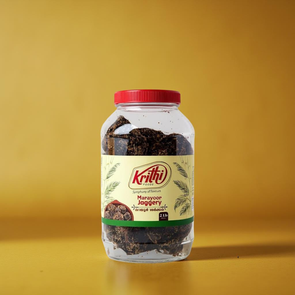 Jar of Krithi roasted jaggery on a yellow background