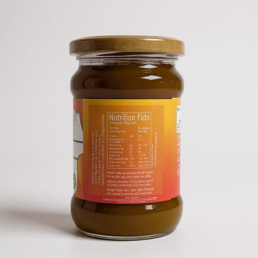 Jar of honey with a nutrition label on a white background