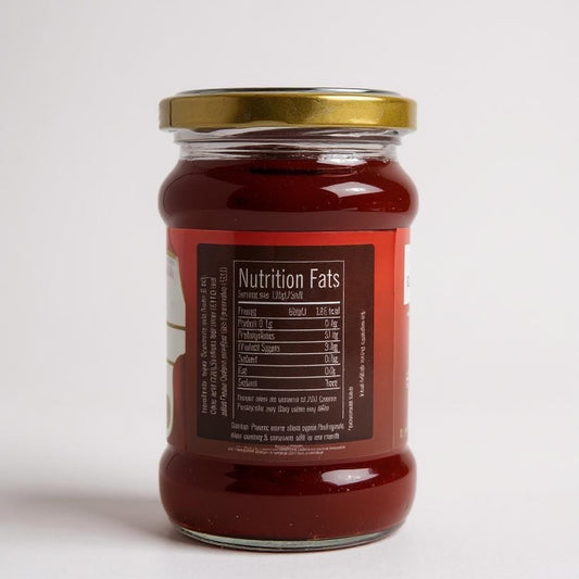 Jar of red sauce with a gold lid on a white background