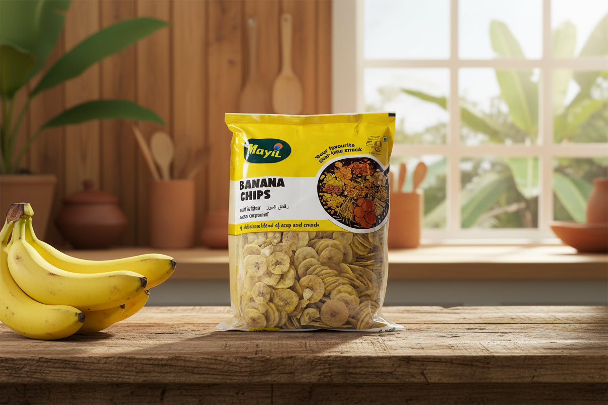 Bag of Mayil Banana Chips on a yellow background