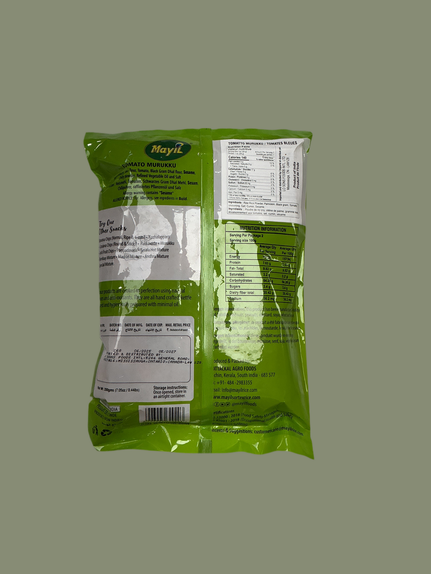 Green package with text and labels on a gray background