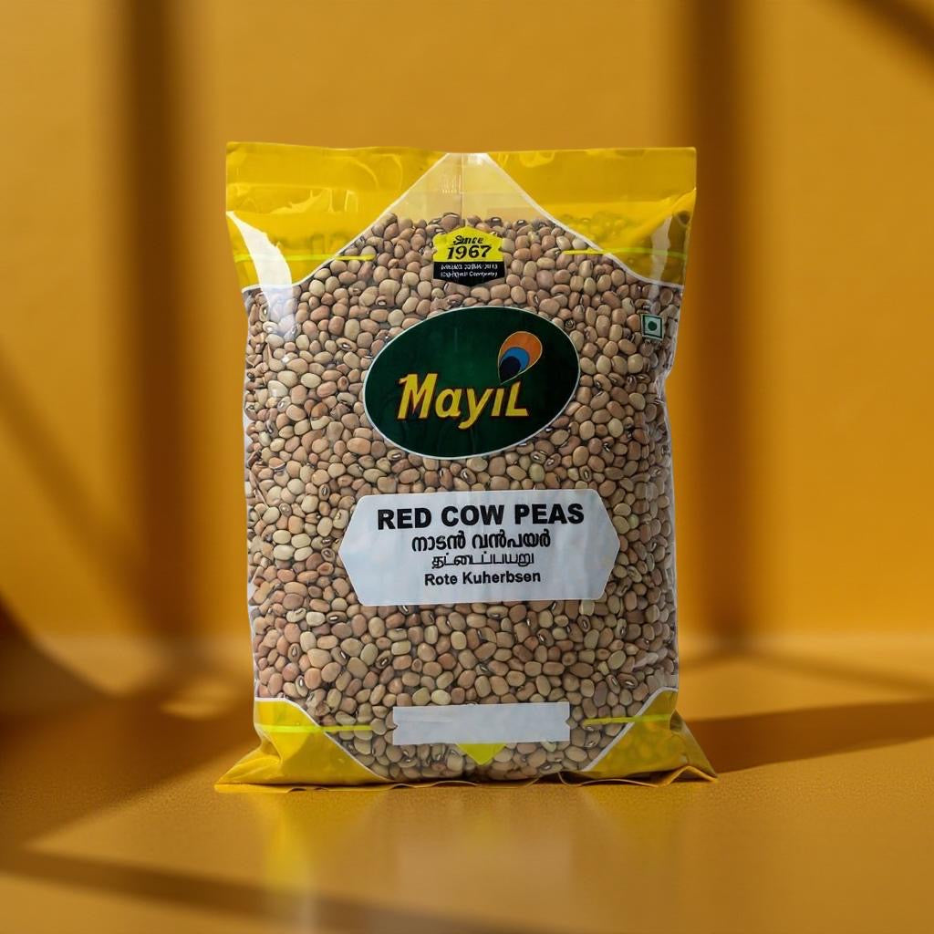 Bag of red cow peas with Mayil brand logo on a yellow background