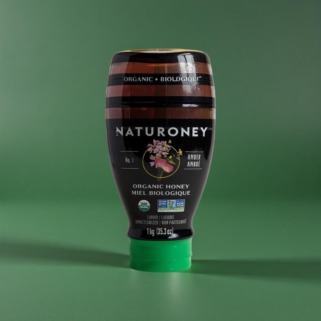 Naturoney organic honey bottle on a green background