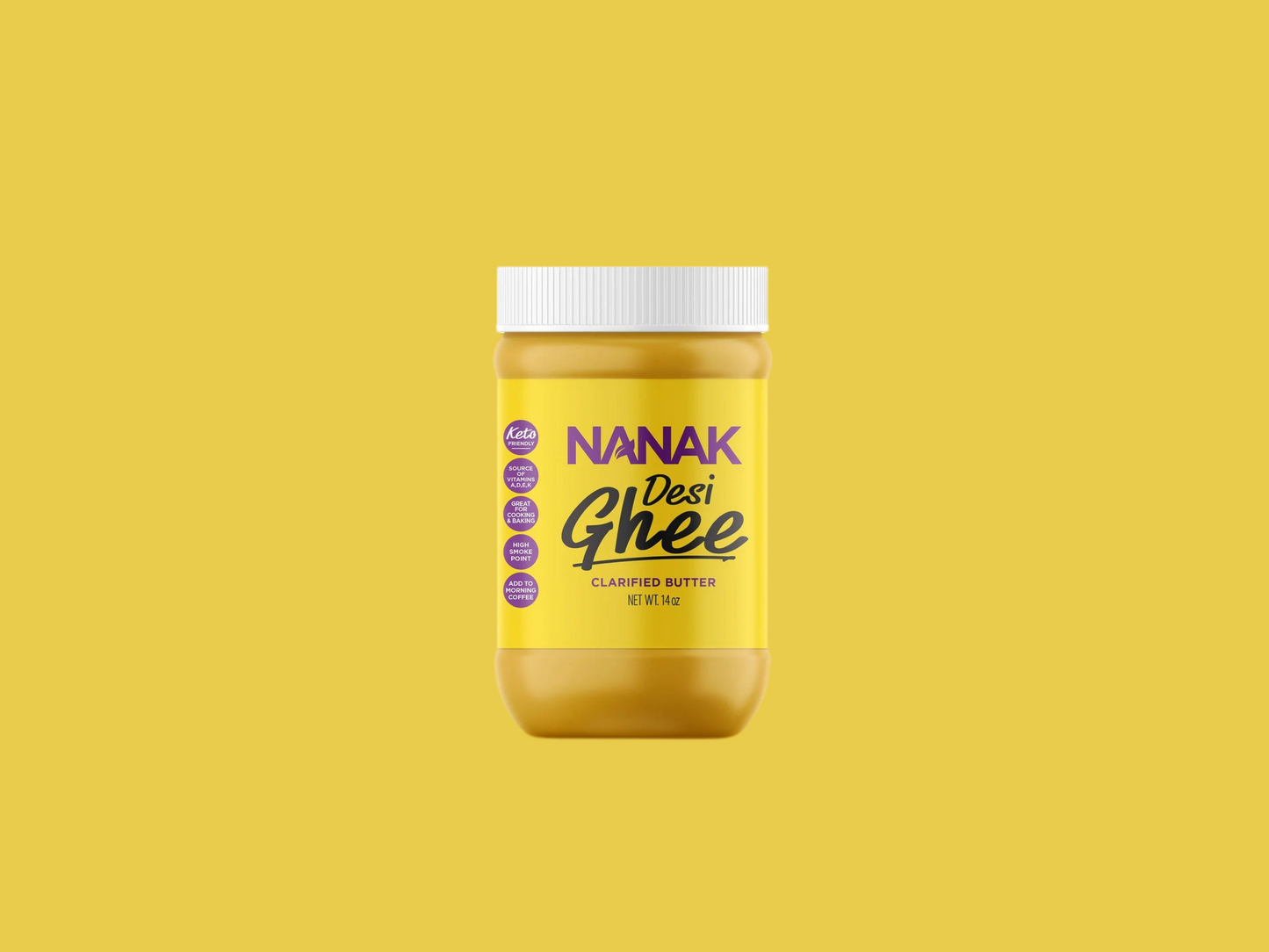 Jar of Nanak Desi Ghee on a yellow background