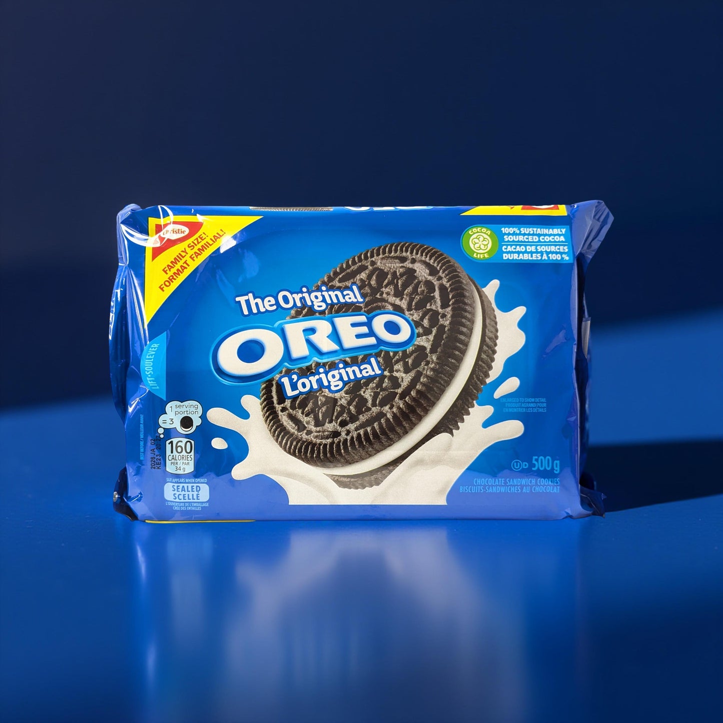 OREO cookie package on a blue background