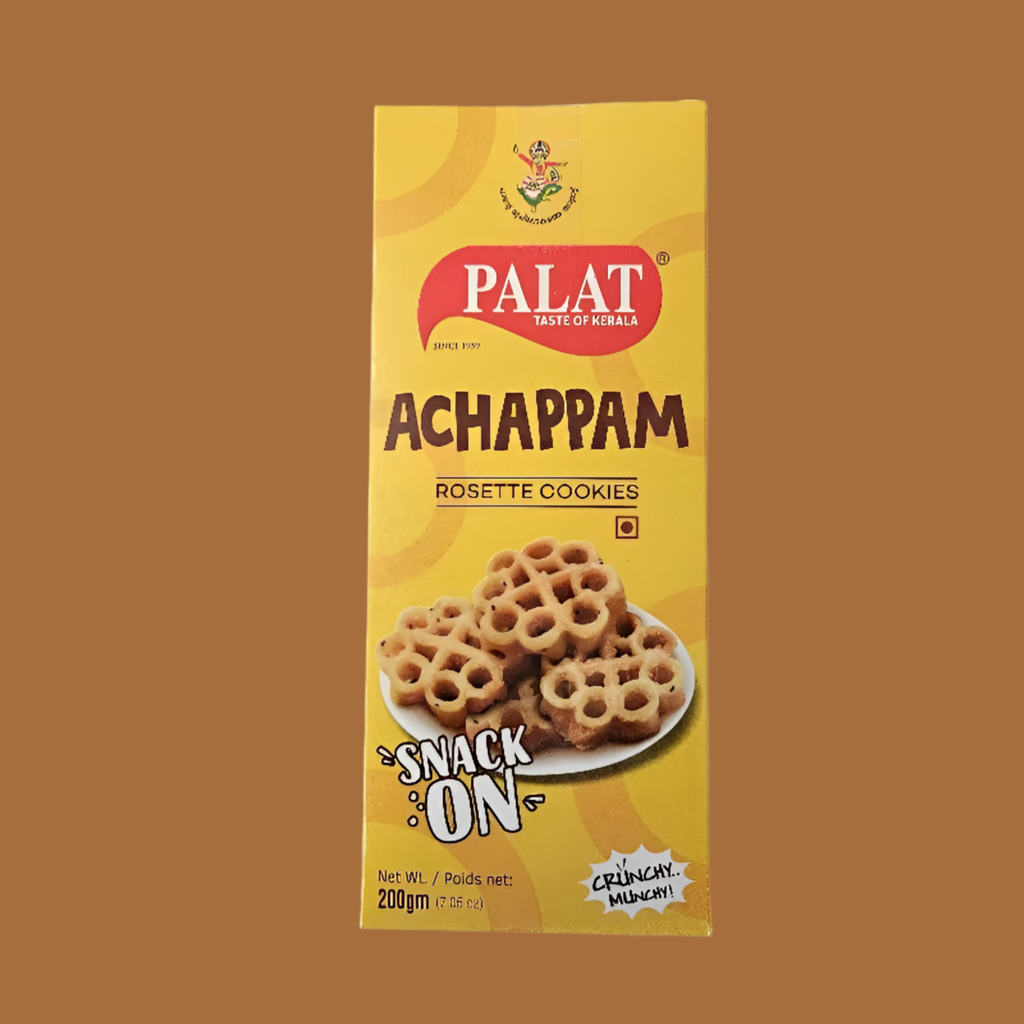 Box of Palat Achappam Rosette Cookies on a brown background
