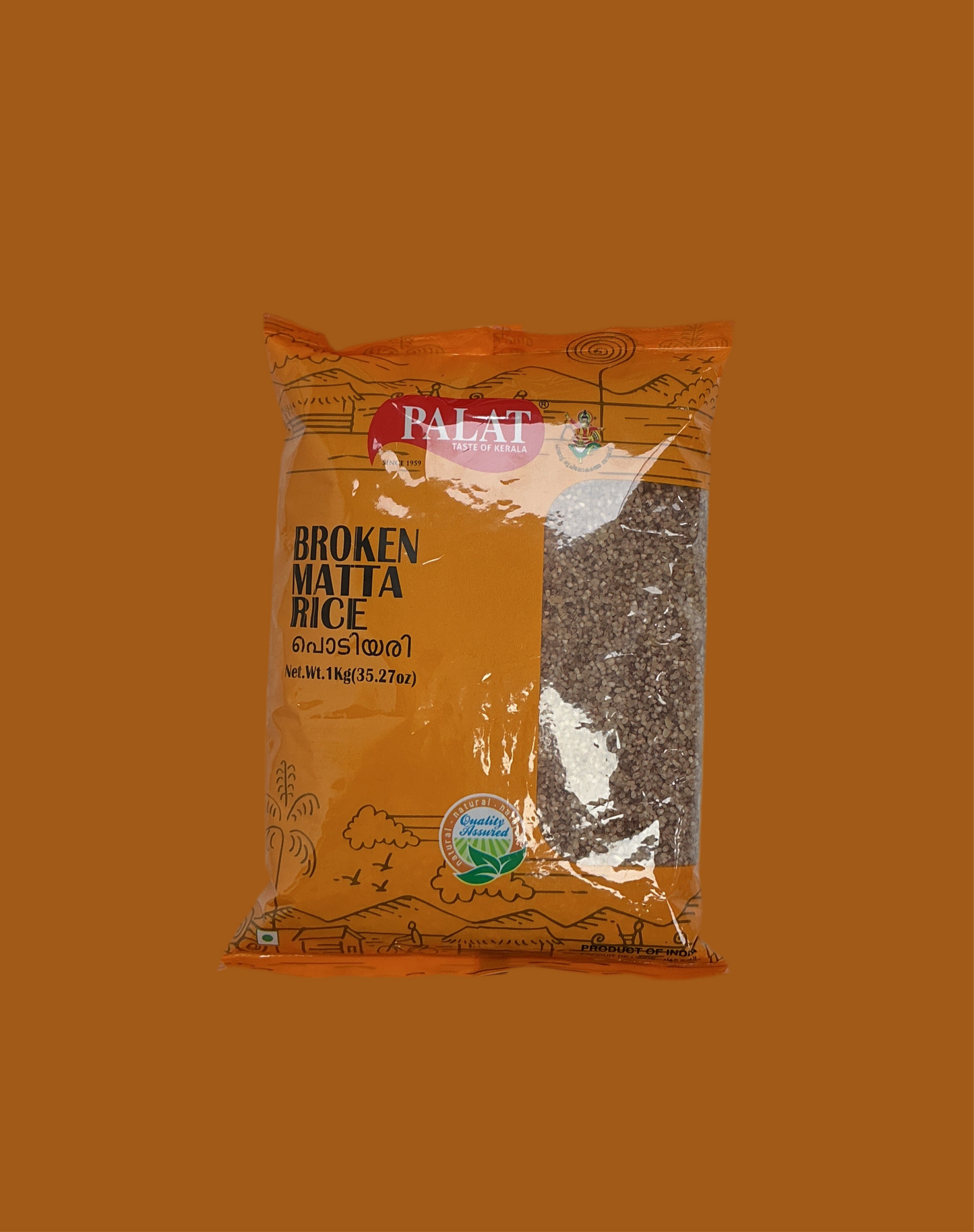 Bag of Palat Broken Matta Rice on an orange background