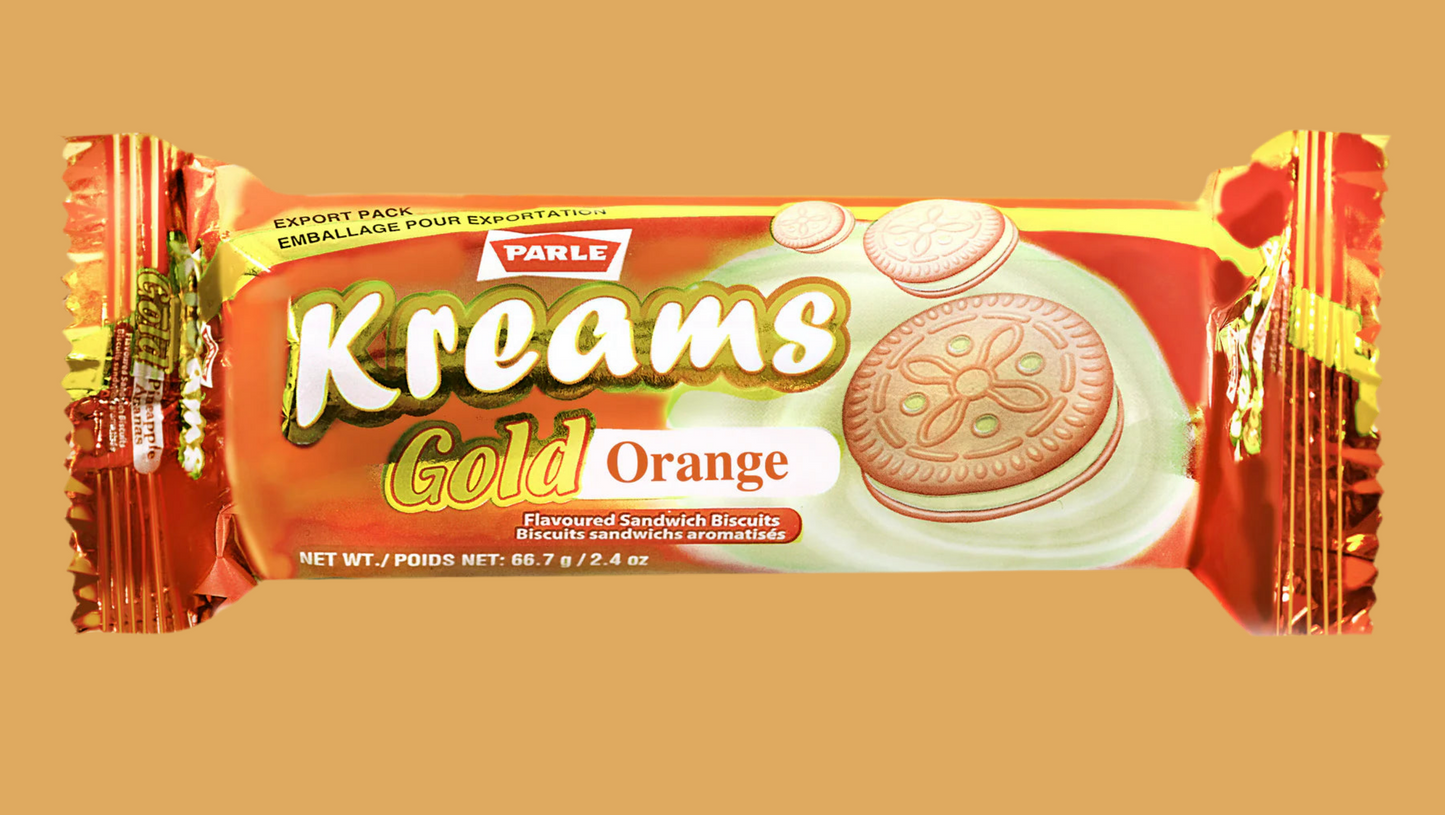 Parle Kreams Gold Orange biscuit package on a beige background