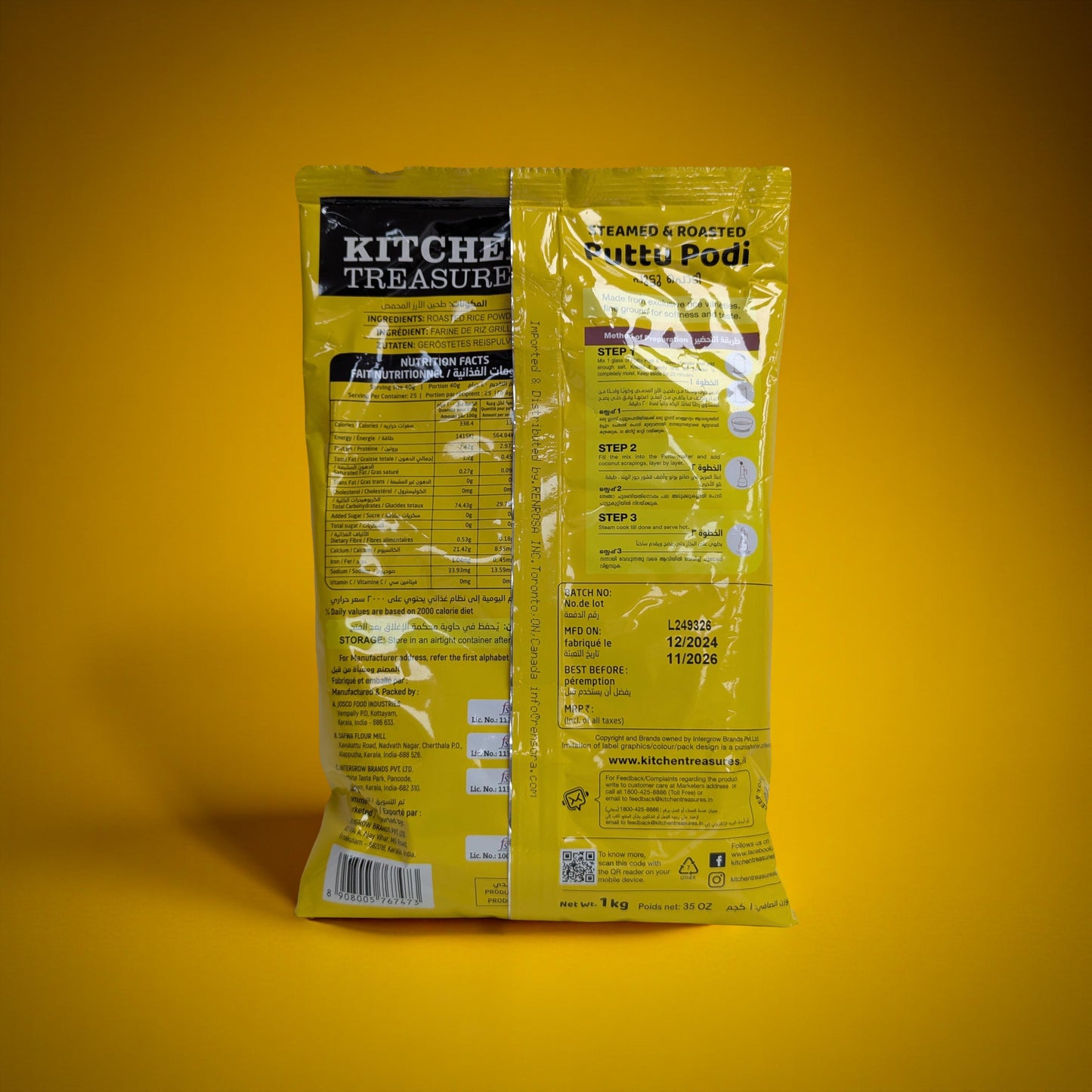Two yellow packages with text and labels on a yellow background
