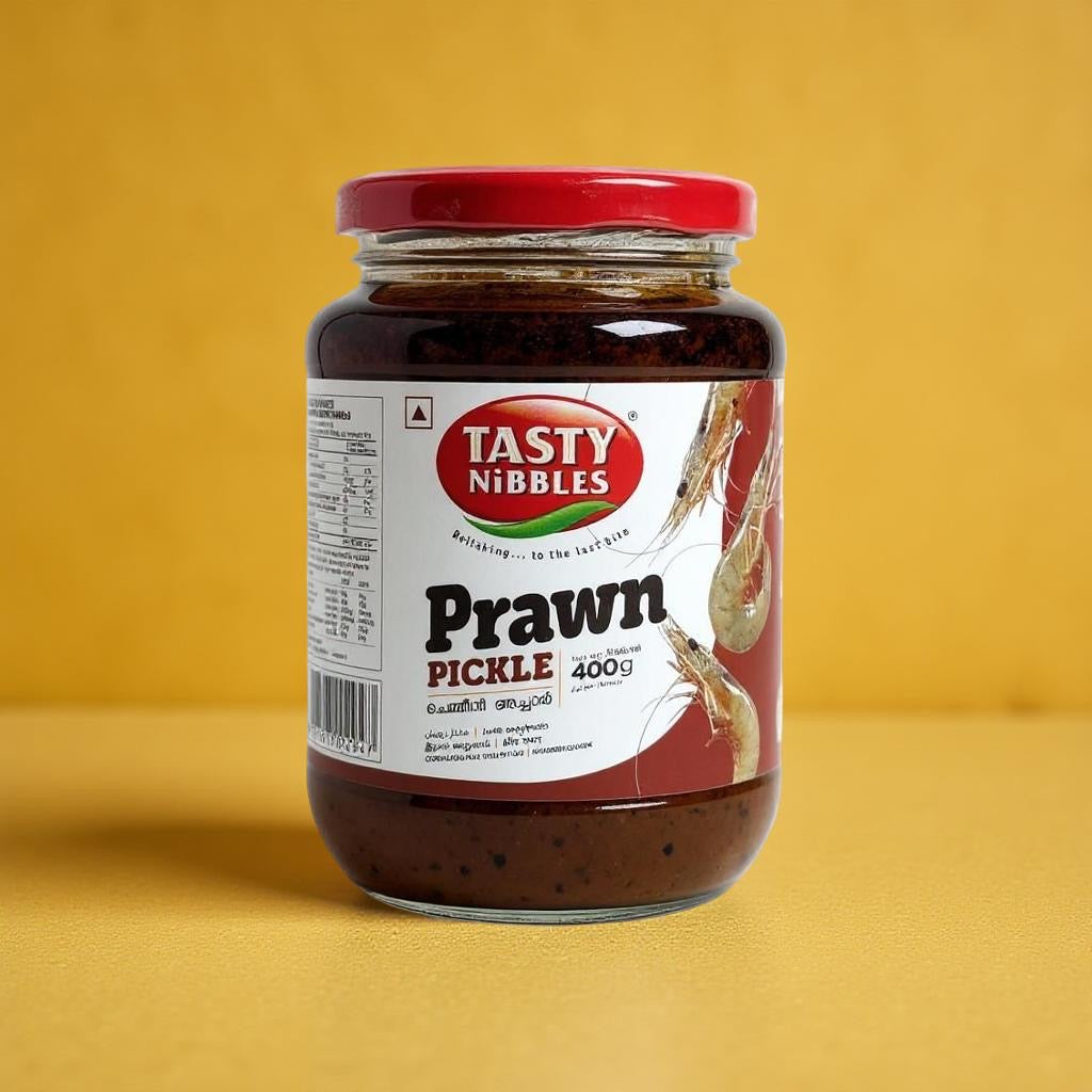 Jar of Tasty Nibbles Prawn Pickle on a yellow background