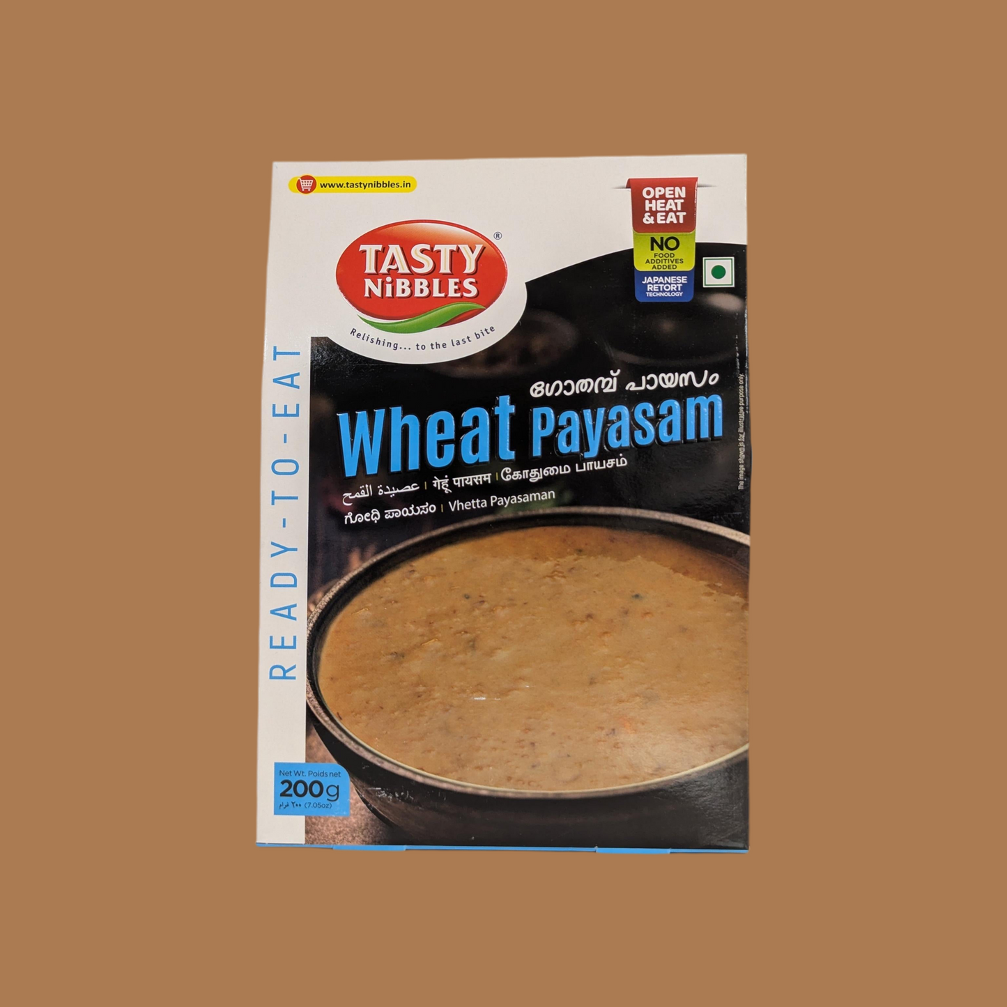 Tasty Nibbles Wheat Payasam packaging on a brown background